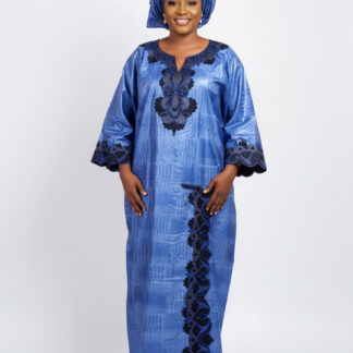 Robe en Bazin Bleue Brodée